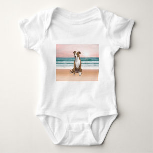 Cute Pitbull Dog Sitting on Beach with sunset Baby Bodysuit