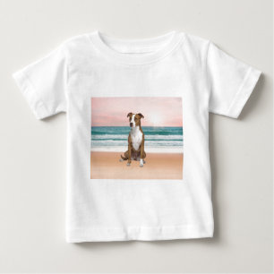 Cute Pitbull Dog Sitting on Beach with sunset Baby T-Shirt