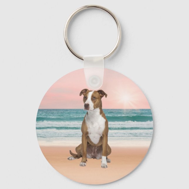 Cute Pitbull Dog Sitting on Beach with sunset Key Ring (Front)