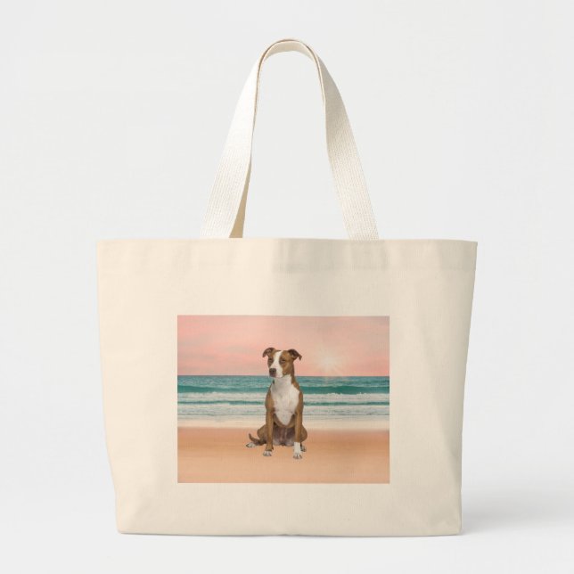 Cute Pitbull Dog Sitting on Beach with sunset Large Tote Bag (Front)
