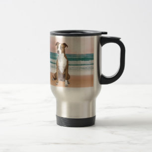 Cute Pitbull Dog Sitting on Beach with sunset Travel Mug