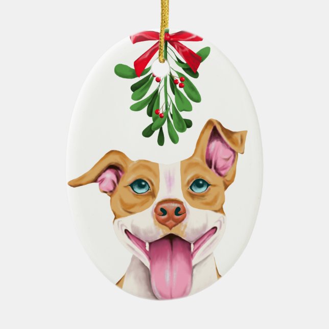 Cute Pitbull Dog Under the Mistletoe Ceramic Ornament (Front)