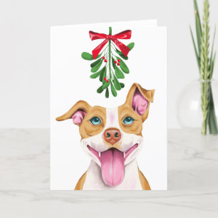 Cute Pitbull Dog Under the Mistletoe Christmas Holiday Card
