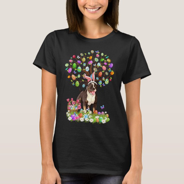 Cute Pitbull Dogs With Bunny Ears Easter Egg Tree  T-Shirt (Front)