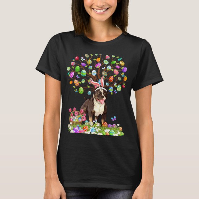 Cute Pitbull Dogs With Bunny Ears Easter Egg Tree  T-Shirt (Front)