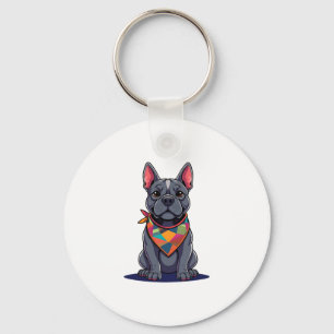 Cute Pitbull Frenchie Dog with Bandana Art Key Ring