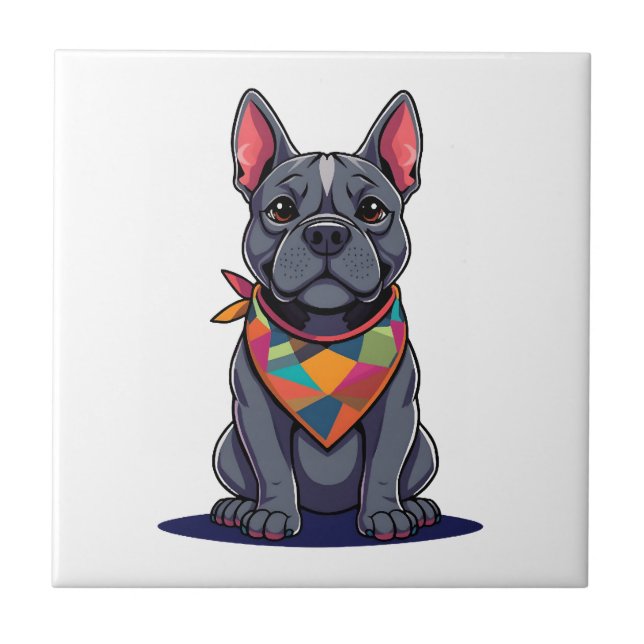 Cute Pitbull Frenchie Dog with Bandanna Art Ceramic Tile (Front)