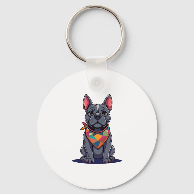 Cute Pitbull Frenchie Dog with Bandanna Art Key Ring (Front)