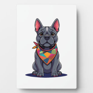 Cute Pitbull Frenchie Dog with Bandanna Art Plaque