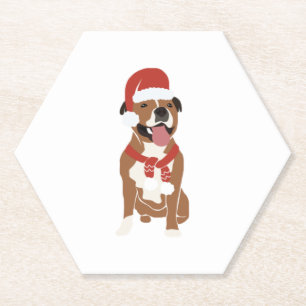 Cute Pitbull in ChristmasSanta Hat Paper Coaster