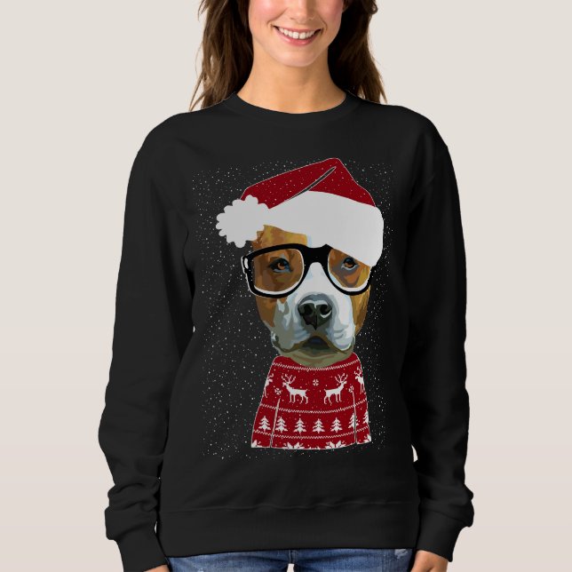 Cute Pitbull In Santa Hat Ugly Christmas Sweater M (Front)