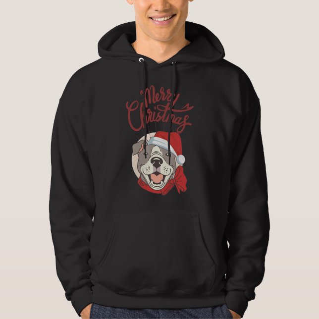 Cute Pitbull With Red Ribbon And Santa Hat Merry C Hoodie (Front)