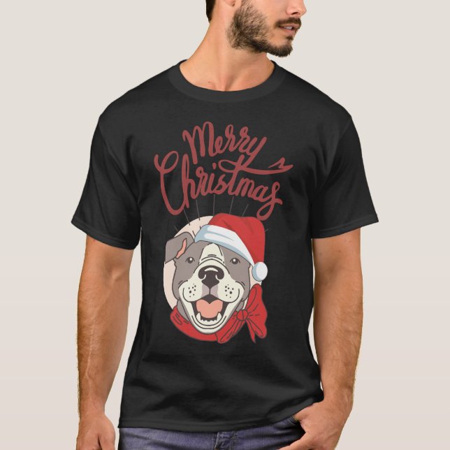 Cute Pitbull With Red Ribbon And Santa Hat Merry C T-Shirt (Front)