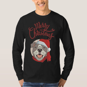 Cute Pitbull With Red Ribbon And Santa Hat Merry C T-Shirt