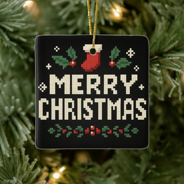Cute pixel art Merry Christmas Ceramic Ornament (Tree)