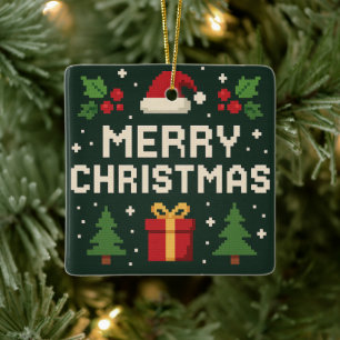 Cute pixel art merry christmas ceramic ornament