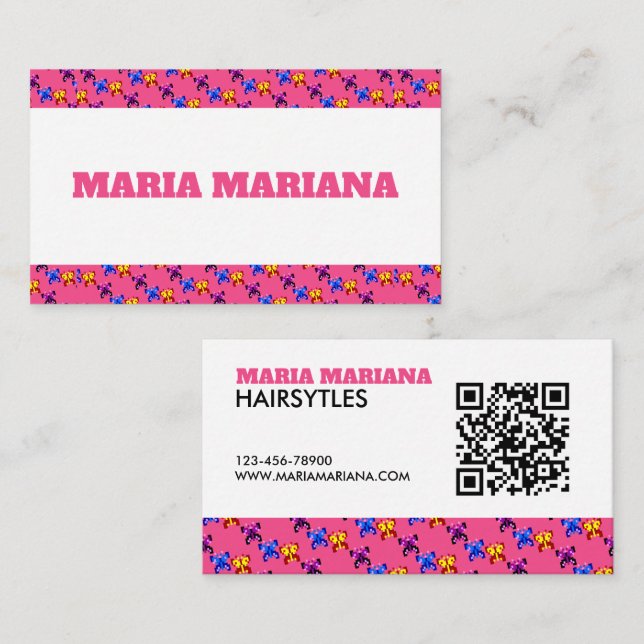 Cute Pixel Butterfly Pattern Hot Pink Background Business Card (Front/Back)