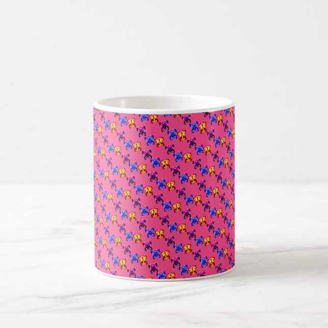 Cute Pixel Butterfly Pattern Hot Pink Background Coffee Mug (Center)