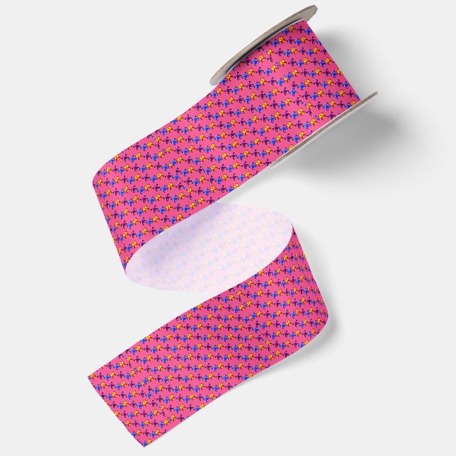 Cute Pixel Butterfly Pattern Hot Pink Background Satin Ribbon (Front+Back)