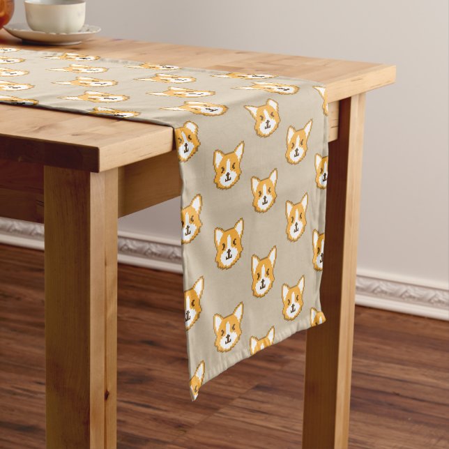 Cute pixeled dog face long table runner (In Situ)