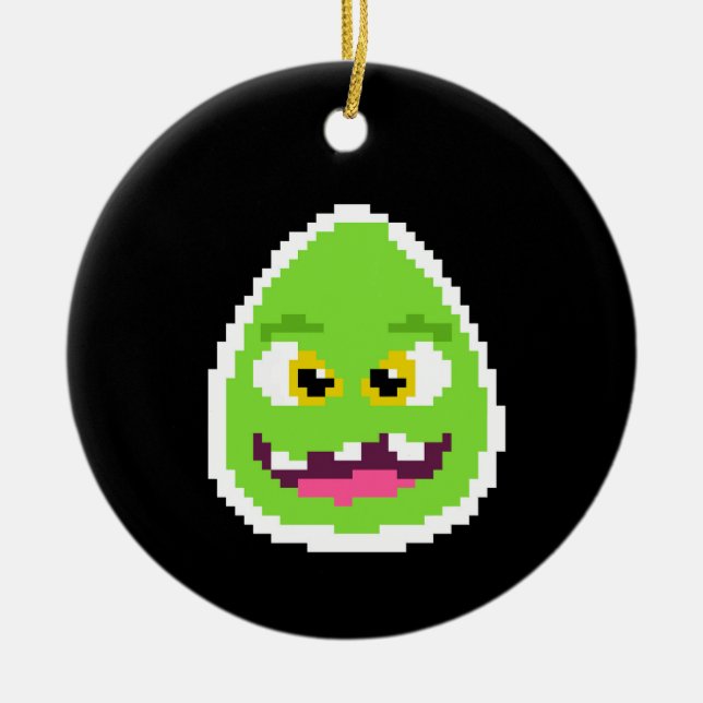 Cute pixeled egg monster ceramic ornament (Front)