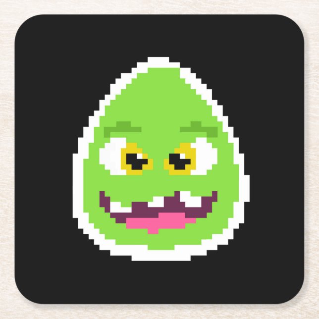 Cute pixeled egg monster square paper coaster (Front)