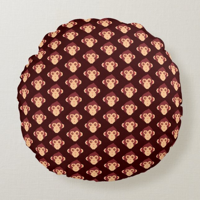 Cute pixeled monkey face round cushion (Front)