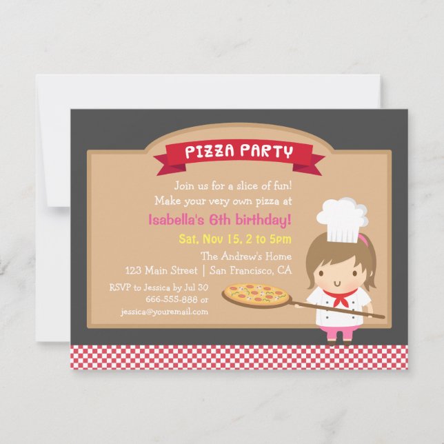 Cute Pizza Chef Girl Birthday Party Invitations (Front)