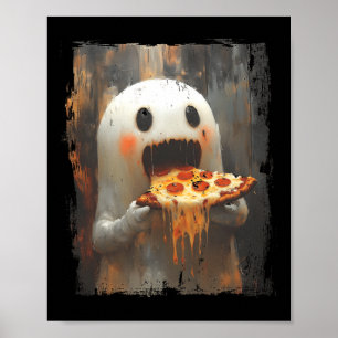 Cute Pizza Ghost Eating Pizza Funny Halloween Food Poster