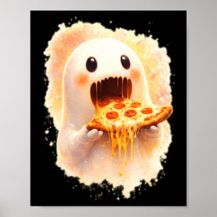Cute Pizza Ghost Eating Pizza Funny Halloween Food Poster