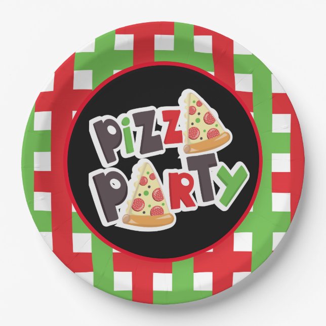 Cute pizza party words paper plate (Front)