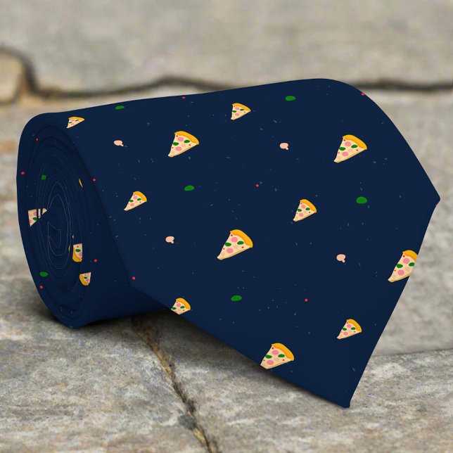 Cute Pizza Pattern Dark Blue Background Cartoon Tie (Creator Uploaded)
