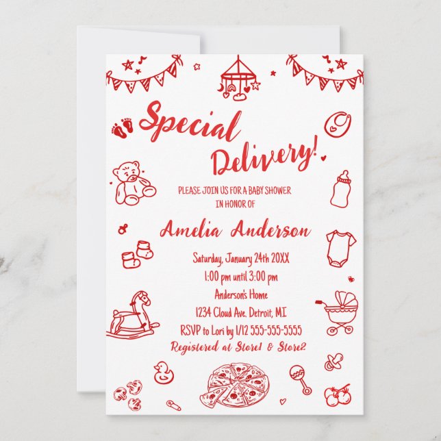 Cute Pizza Special Delivery Doodle Baby Shower Invitation (Front)