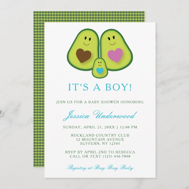 Cute Plaid Avocado Boy Baby Shower Invitation (Front/Back)
