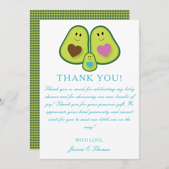 Cute Plaid Avocado Boy Baby Shower Thank You Card (Front/Back)