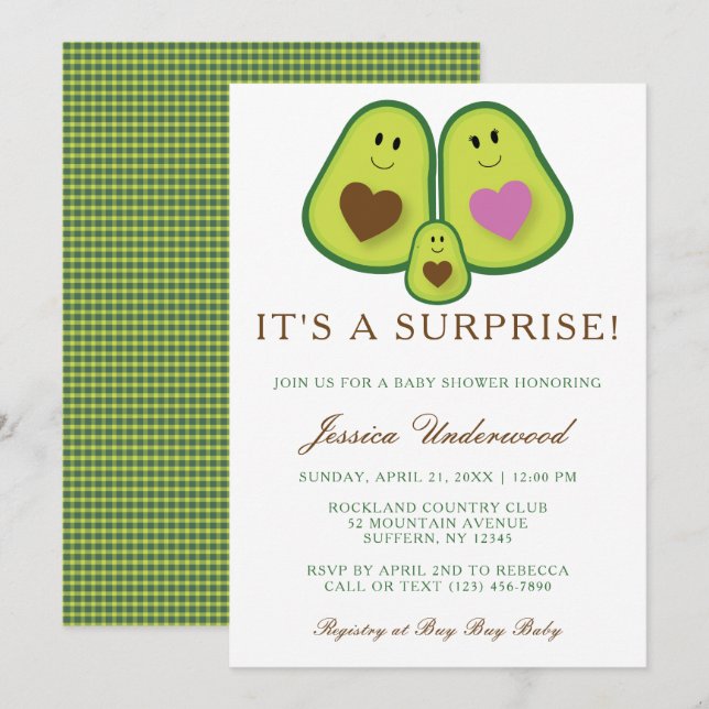 Cute Plaid Avocado Gender Neutral Baby Shower Invitation (Front/Back)
