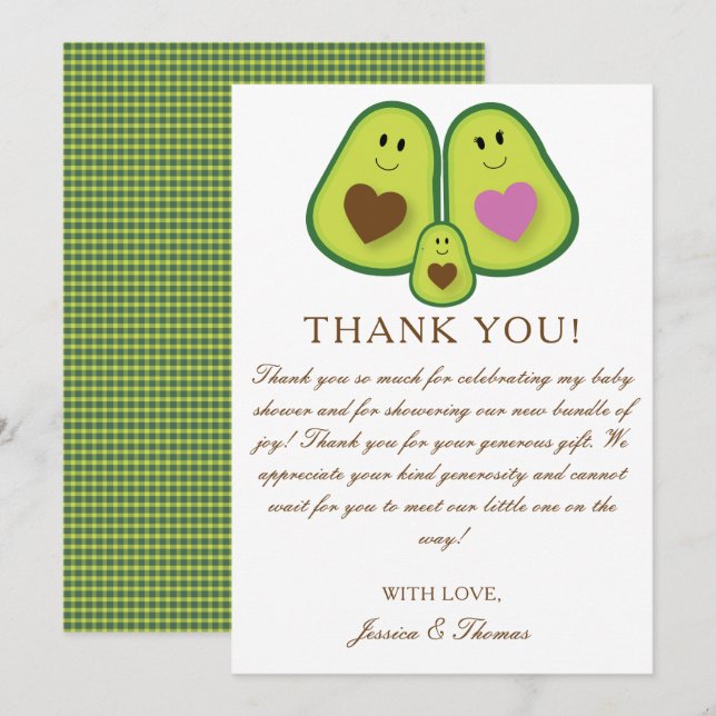 Cute Plaid Avocado Gender Neutral Baby Shower Thank You Card (Front/Back)