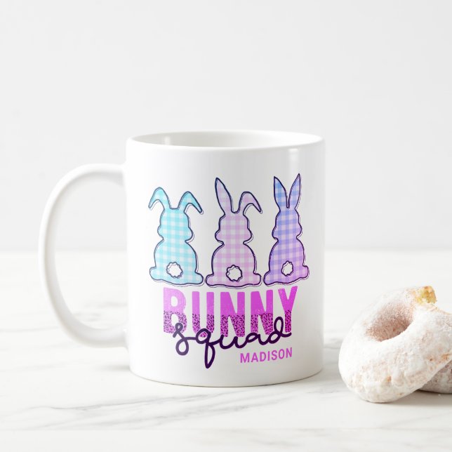 Cute Plaid Bunny Squad Rabbit Personalised Coffee Mug (With Donut)