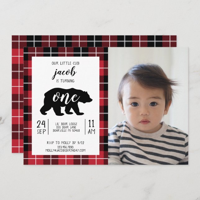 Cute Plaid Flannel Pattern Baby Photo 1st Birthday Invitation (Front/Back)