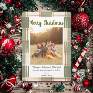 Cute Plaid Green Christmas Card with Family Photo