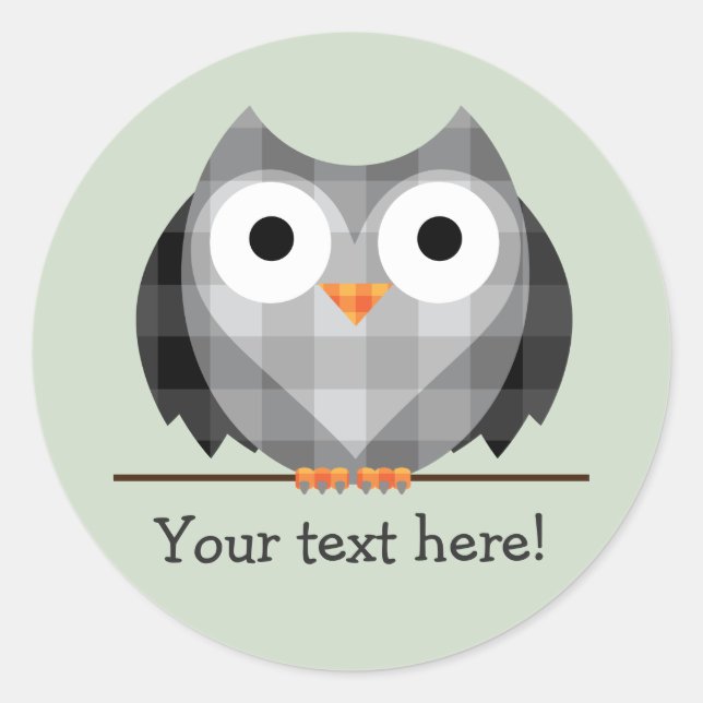 Cute Plaid Grey Horned Owl Illustration Classic Round Sticker (Front)