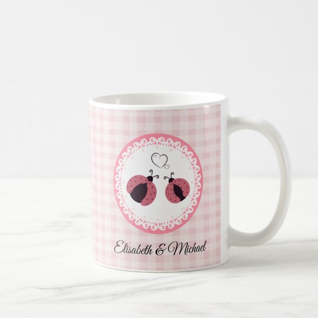 Cute plaid ladybugs in love personalised  coffee mug (Right)