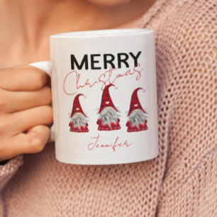 Cute Plaid Merry Christmas Gnomes with Your Name  Two-Tone Coffee Mug