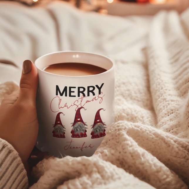 Cute Plaid Merry Christmas Gnomes with Your Name  Two-Tone Coffee Mug (Creator Uploaded)