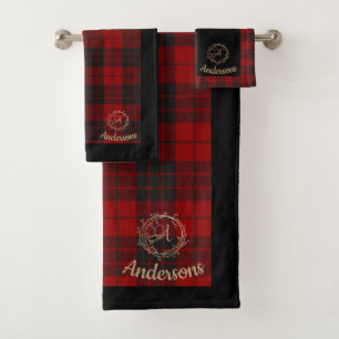 Cute Plaid Pattern Family Name Monogram Christmas Bath Towel Set
