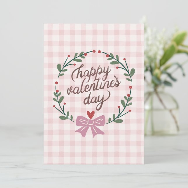 cute plaid pink happy valentine's card (Standing Front)