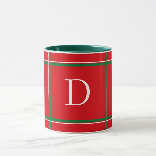 Cute Plaid Red Green and White Christmas Initial Mug (Center)