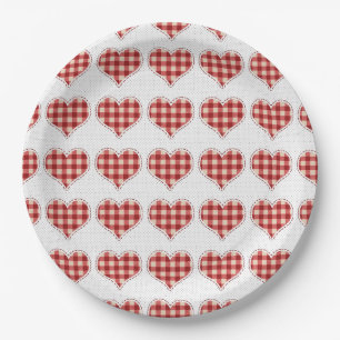 Cute Plaid Red Hearts Dotty Pattern Paper Plate