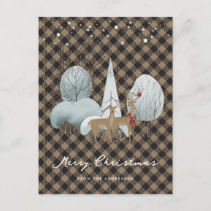Cute Plaid Reindeer Stars Merry Christmas Holiday Postcard