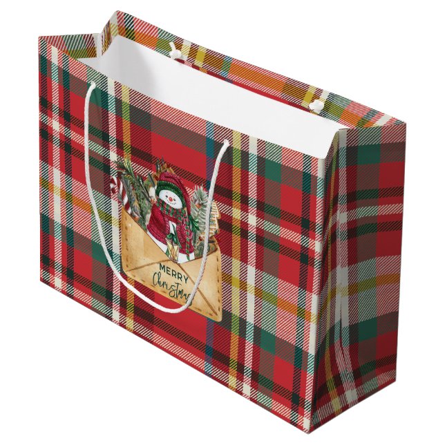 Cute Plaid Rustic Script Christmas Custom Family Large Gift Bag (Front Angled)
